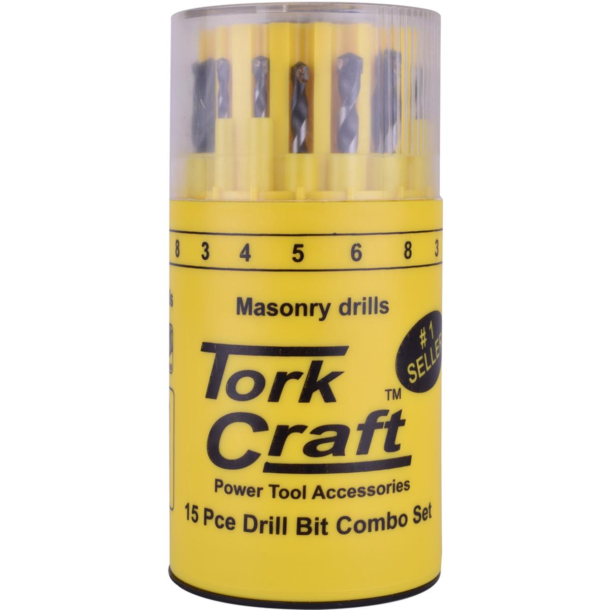 TORK CRAFT  DRILL BIT 15PC SET COMBO WOOD + MASONRY + HSS IN PLASTIC CONTAINER	NR08015