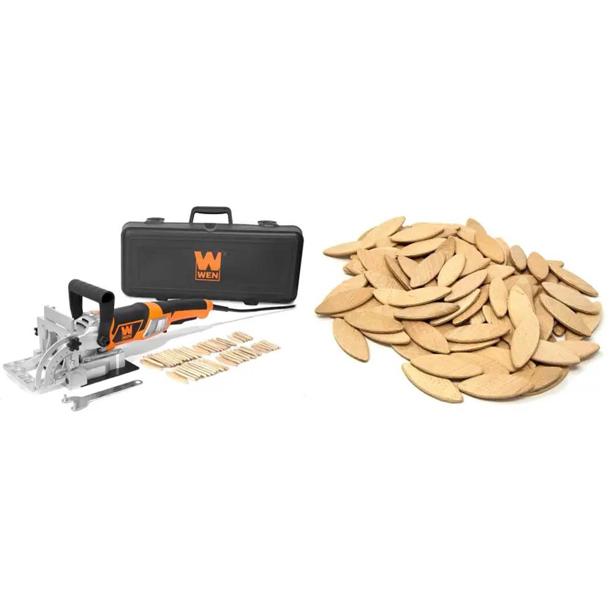 Eight Point Five Amp Plate And Biscuit Joiner With Case And Biscuits Plus One Hundred Birch Wood Biscuits For Woodworking Joints And Precise Edge Bonding