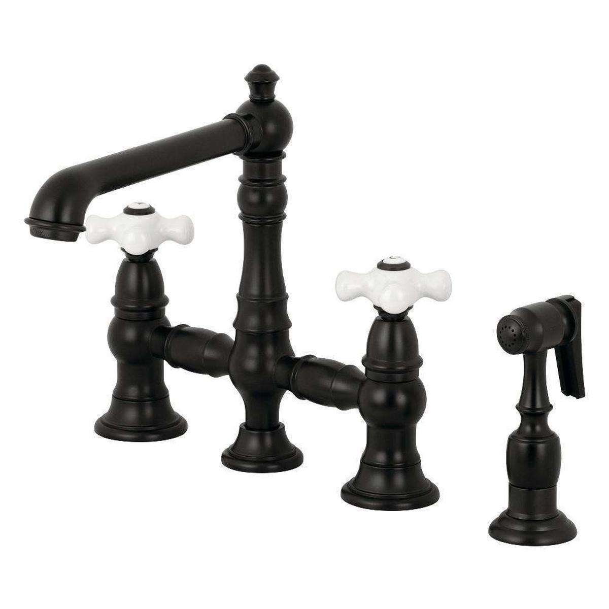 Kingston Brass KS7270PXBS English Country 8" Bridge Kitchen Faucet with Sprayer, Matte Black