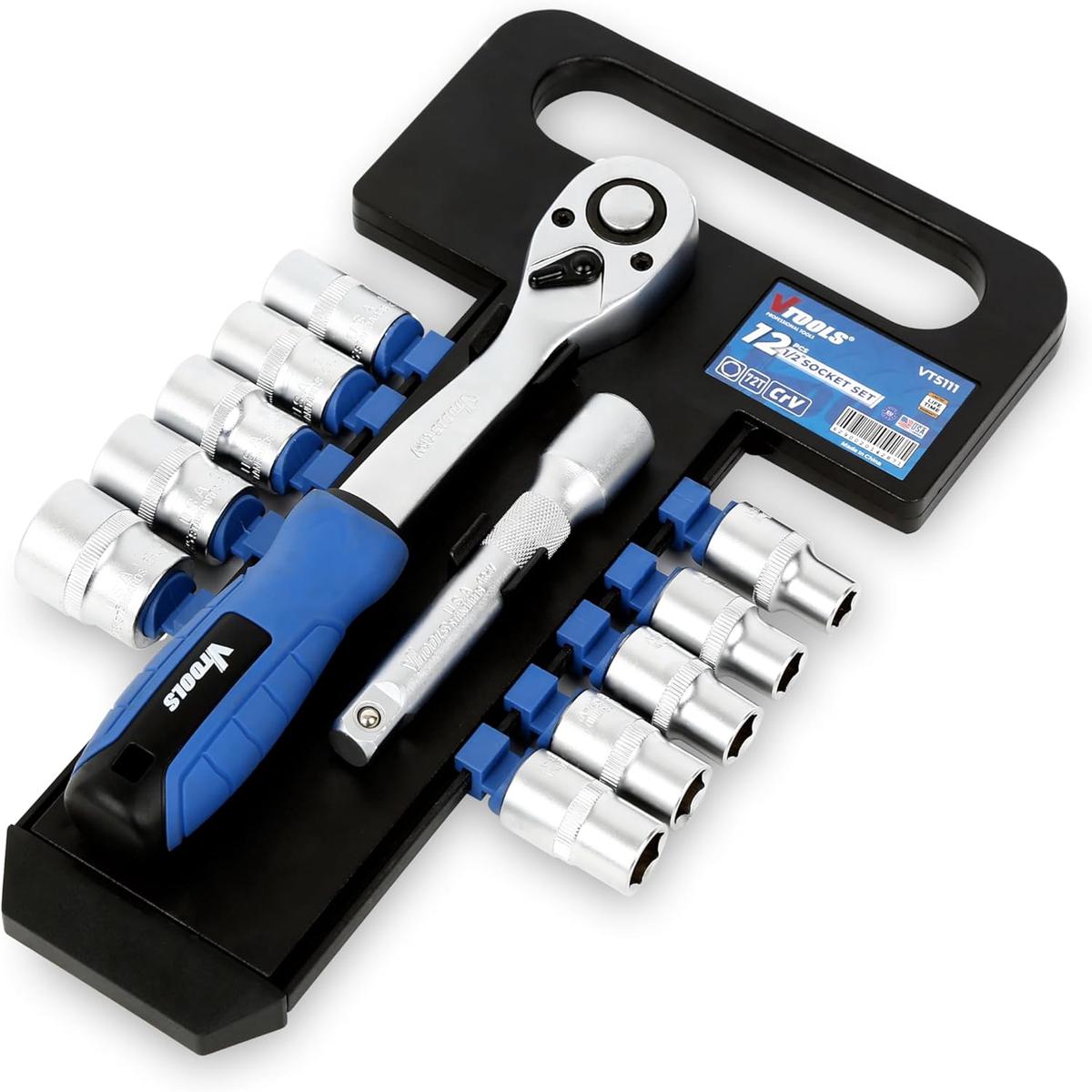 Vtools 12 PC Socket Set 1/2 inch, with Extension Bars, Socket Bits, and Ergonomic Ratchet Wrench Handle,Comprehensive Tool Kit for Auto Repair and DIY,Black,VT5111