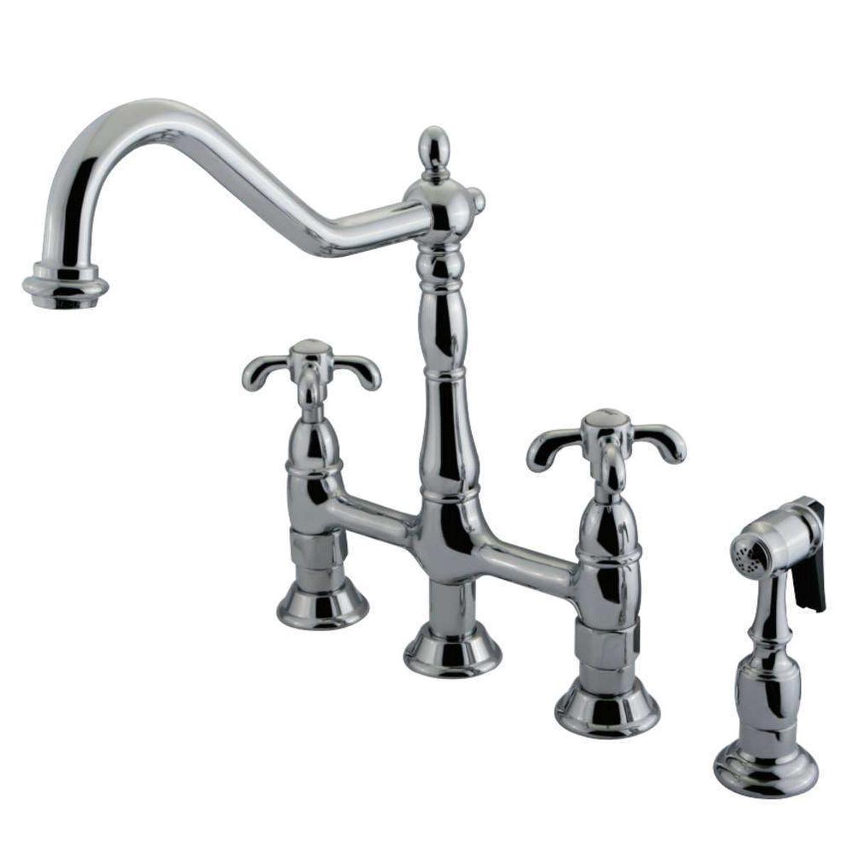 Kingston Brass KS1271TXBS French Country Bridge Kitchen Faucet with Brass Sprayer, Polished Chrome