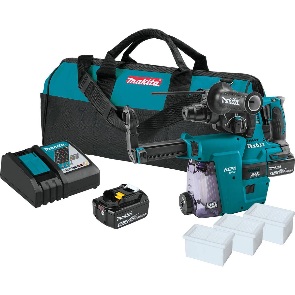 Makita (XRH011TWX) 18V LXT Lithium-Ion Brushless Cordless 1" Rotary Hammer Kit, accepts SDS-PLUS bits, HEPA Dust Extractor Attachment, bag (5.0Ah)