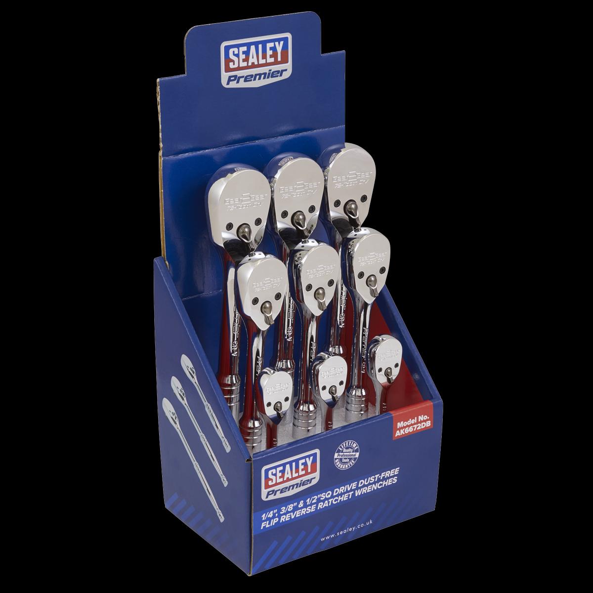 Sealey AK6672DB 1/4", 3/8" & 1/2"Sq Drive Dust-Free Ratchet Wrenches with Flip Reverse - Display Box of 9