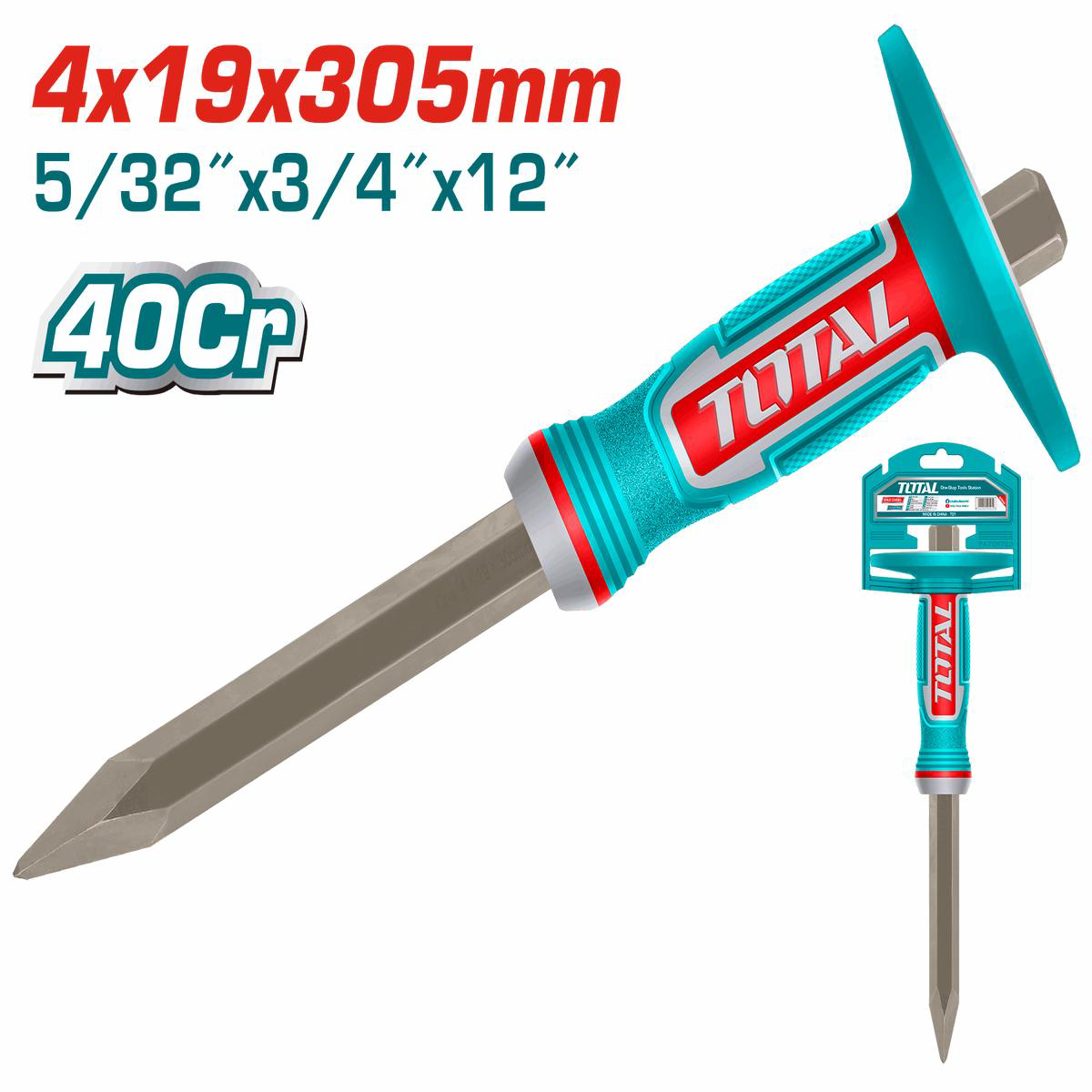 Total Tools Pointed Cold Chisel 4mm Tip, 19 mm Shank, 305mm Length with Rubber Grip  THT4530419