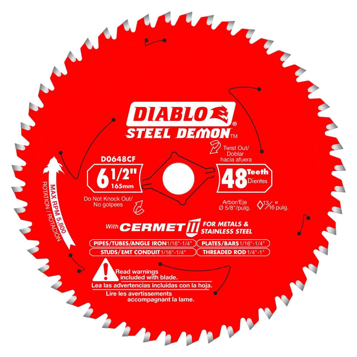 Diablo Steel Demon Cermet II Saw Blade for Metals and Stainless Steel 8211 6-128221 Diameter 48 TCG Teeth 588221 Arbor 0618221 Kerf 0 Hook Angle 5800 Max RPM 8211 D0648CFX