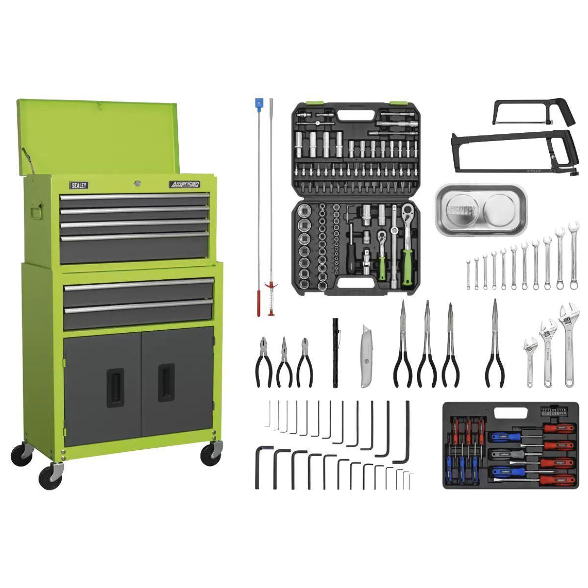 Sealey AP2200COMBOHV 6 Drawer Topchest Rollcab Combination with Ball-Bearing Slides - Hi-Vis GreenGrey 170pc Tool Kit