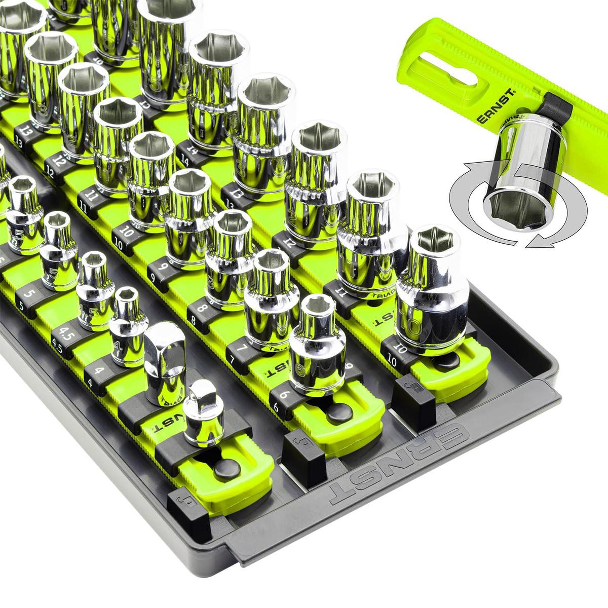 Ernst Manufacturing 8498HV 13-Inch Socket Boss Premium 3-Rail Multi-Drive Socket Organizer High Visibility 8211 Made in USA 13-Inch Hi-Viz