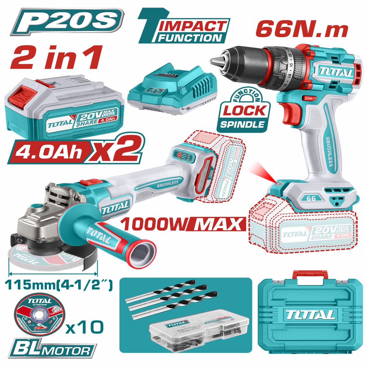 Total tools Cordless 20 volt combo kit ( impact drill 66 N.m + angle grinder 4.5" + 2 battery and charger ) - TCKLI20273