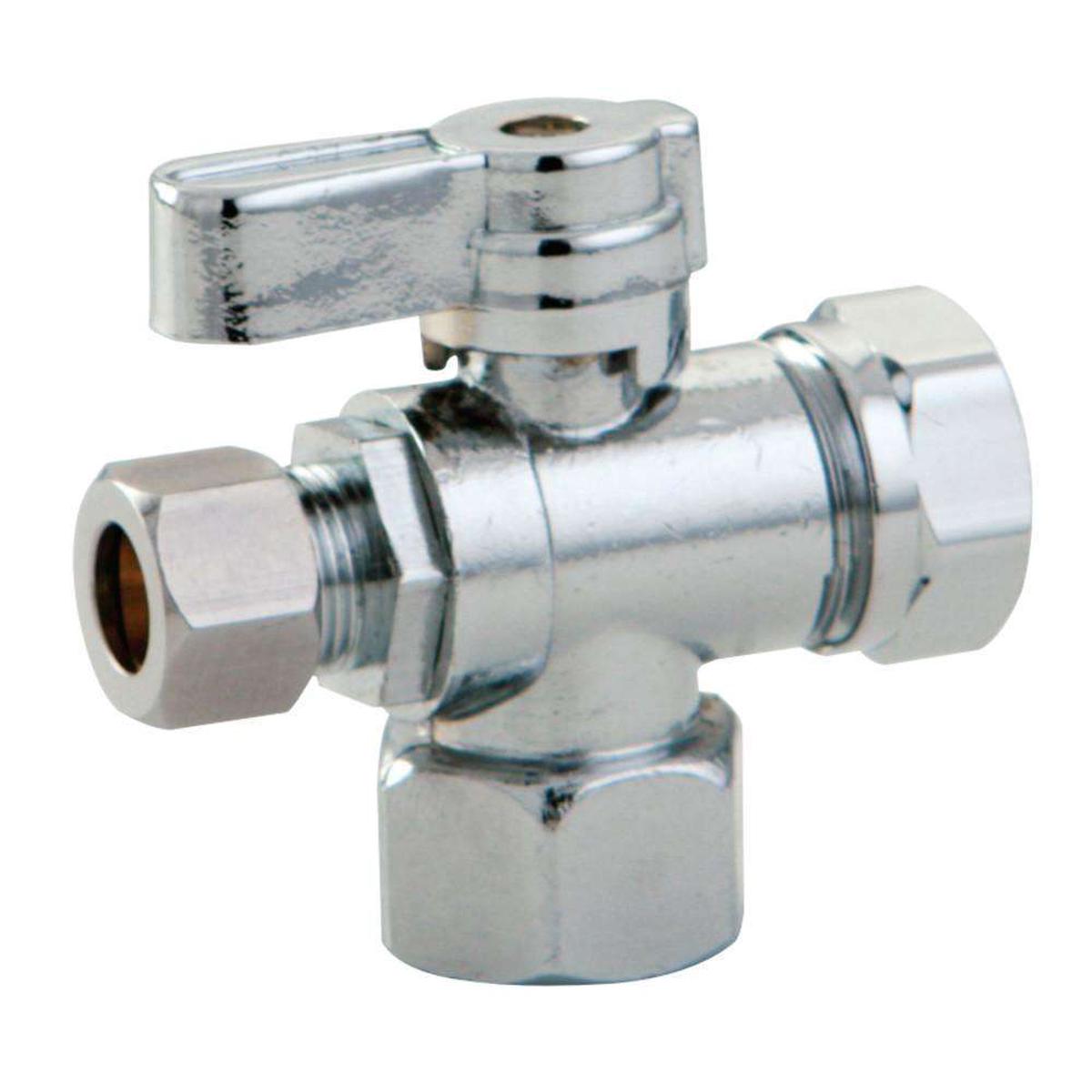 1/2" FIP x 3/8" O.D. Comp x 1/2" & 7/16" O.D. Slip Joint Shut Off Valve, Polished Chrome