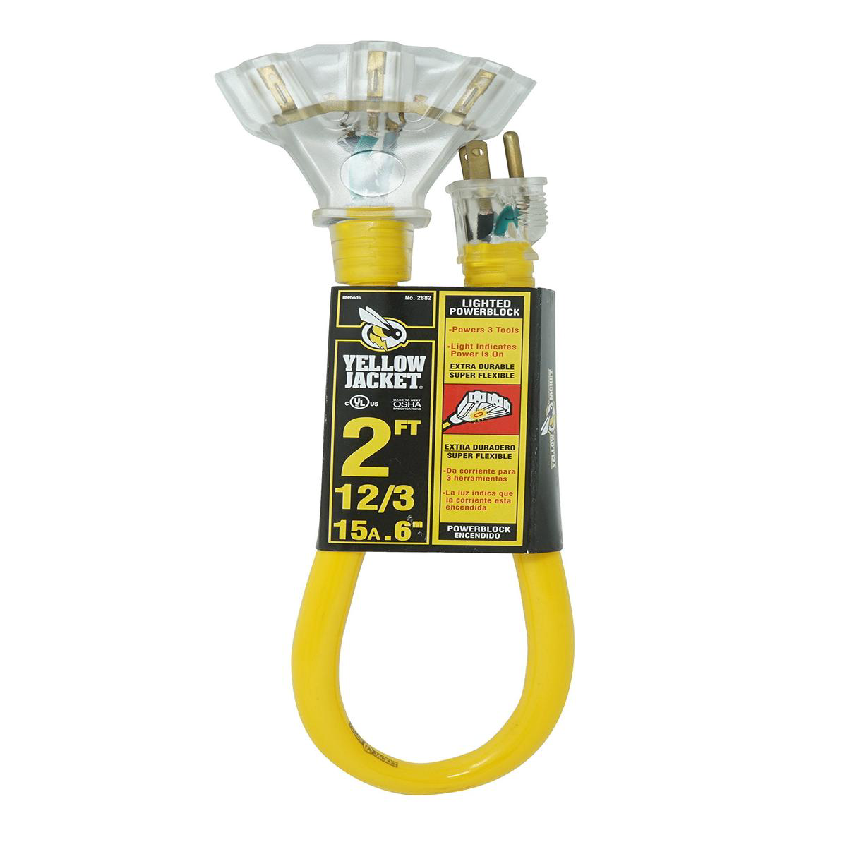 Yellow Jacket 2882 123 Heavy Duty 15-Amp 125 Volts 1875 Watts Premium SJTW Contractor Grade 3 Outlet Extension Cord with Lighted End 2-Feet Yellow UL Listed 2 Foot
