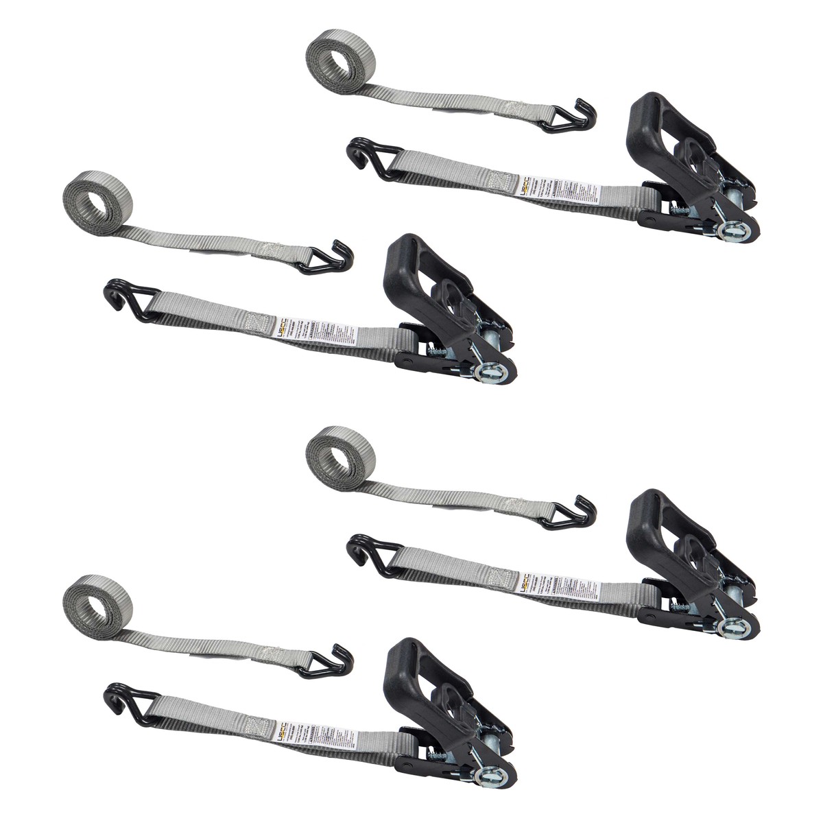 1" x 6' Rubber Coated Ratchet Strap w/ Vinyl Coated Wire Hooks - 4 Pack