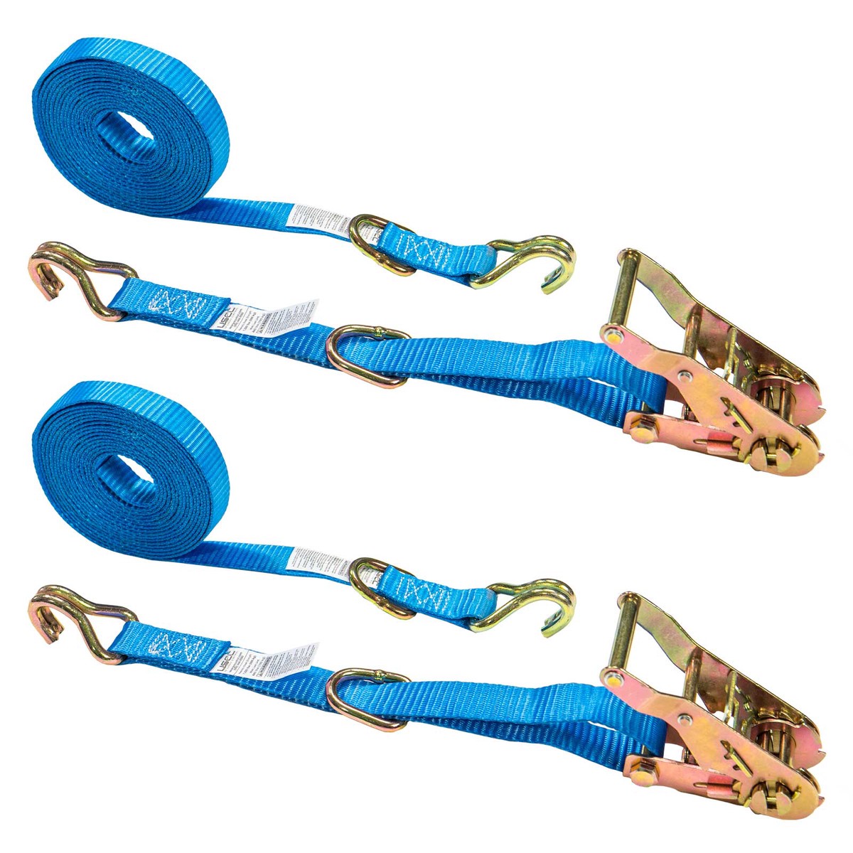 1" x 15' Ratchet Strap w/ J-Hook & D-Ring | 2-Pack