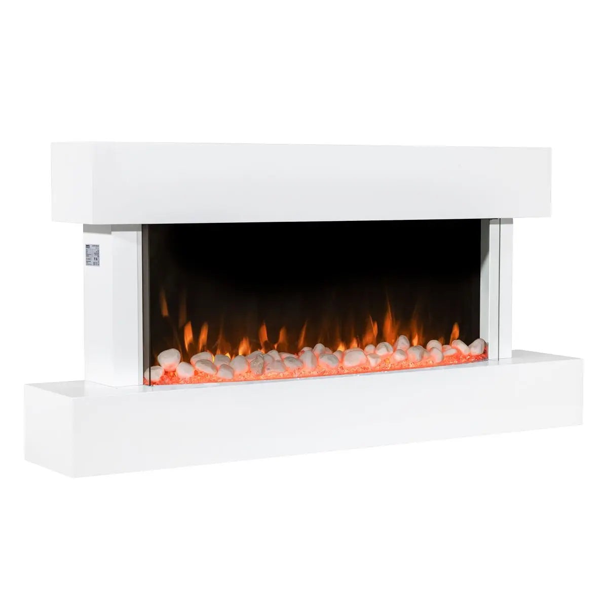 Baridi 46 Wall Mounting 1000W/2000W Electric Fireplace with LED Flame Effects, Side Glass Decoration and Pebble Accessories, White