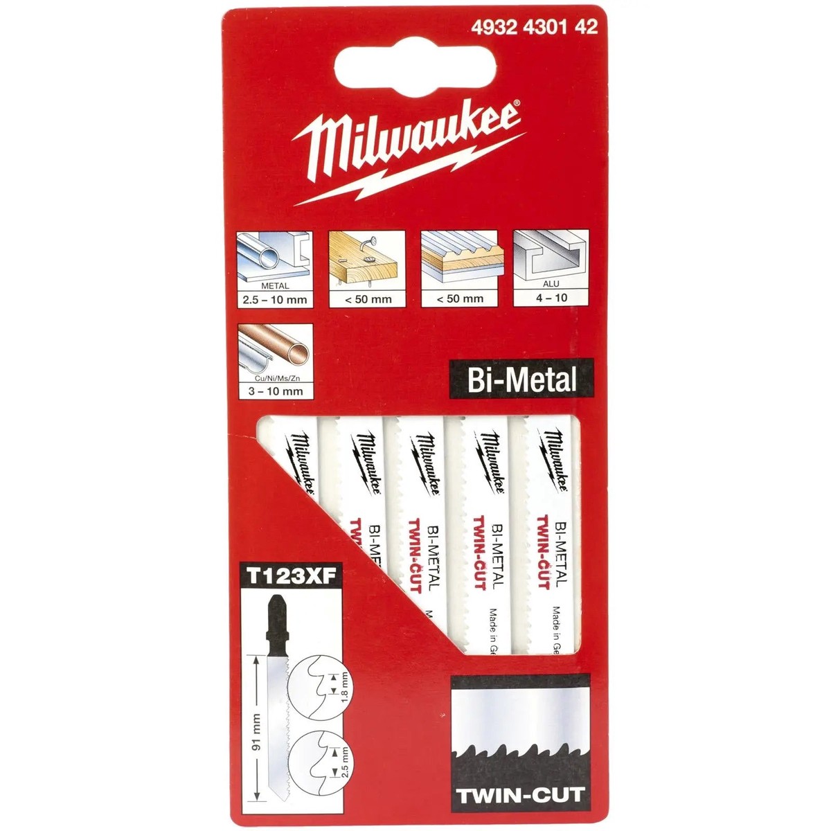 Milwaukee Jigsaw Blades Metal Universal Application Blade 91mm x 2.5/1.8mm 5 Pieces