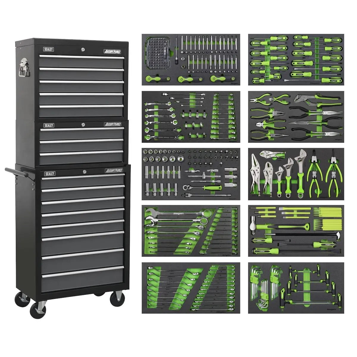 Sealey American Pro Tool Chest Combination 16 Drawer with Ball-Bearing Slides - Black/Grey & 468pc Tool Kit