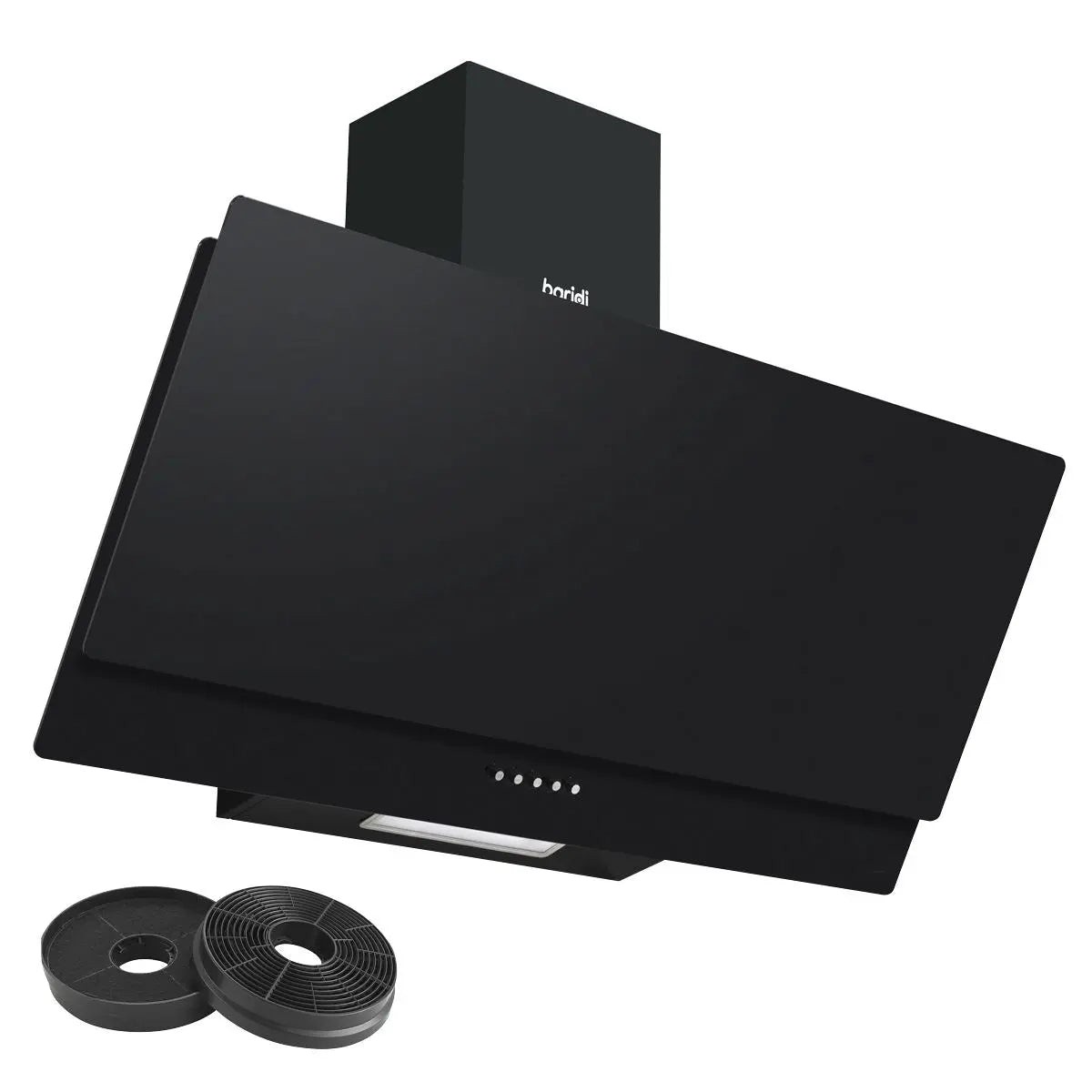Baridi Angled Chimney Cooker Hood with Carbon Filters & LED Lamp 90cm, Energy Class A - Black Glass