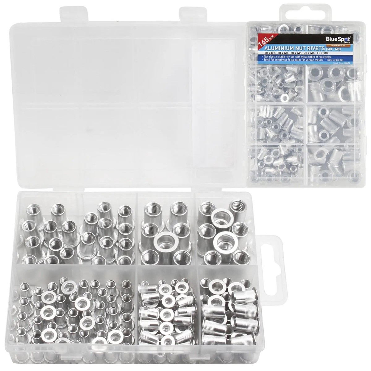 BlueSpot Aluminium Nut Rivets (M3 - M8) 165 Piece