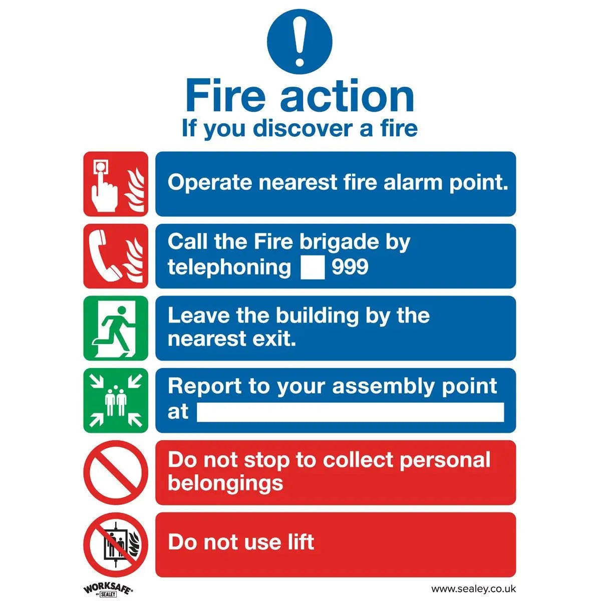 Worksafe by Sealey Safe Conditions Safety Sign - Fire Action With Lift - Rigid Plastic - Pack of 10