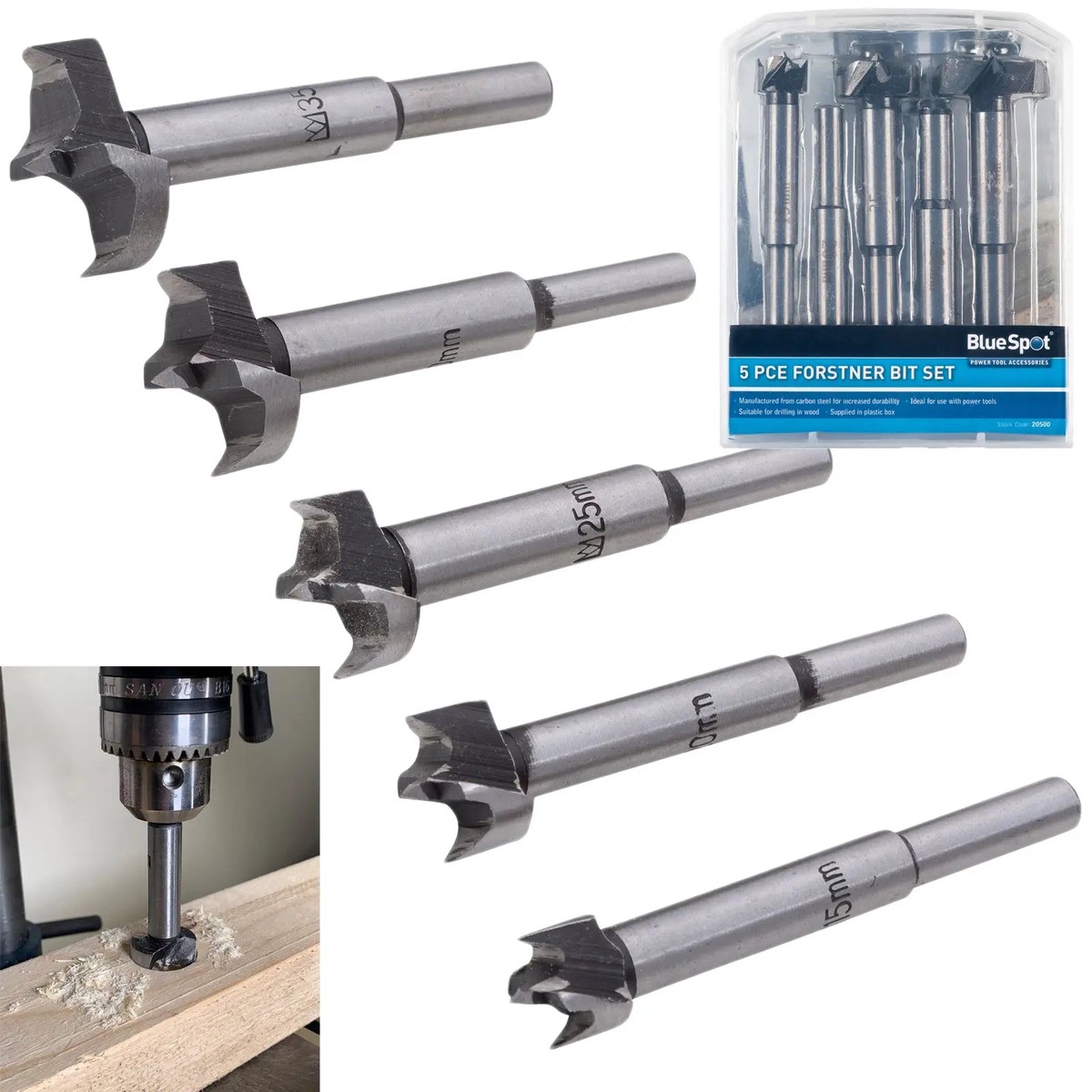 BlueSpot Forstner Wood Drill Bit Set 5 Piece Metric 15-35mm