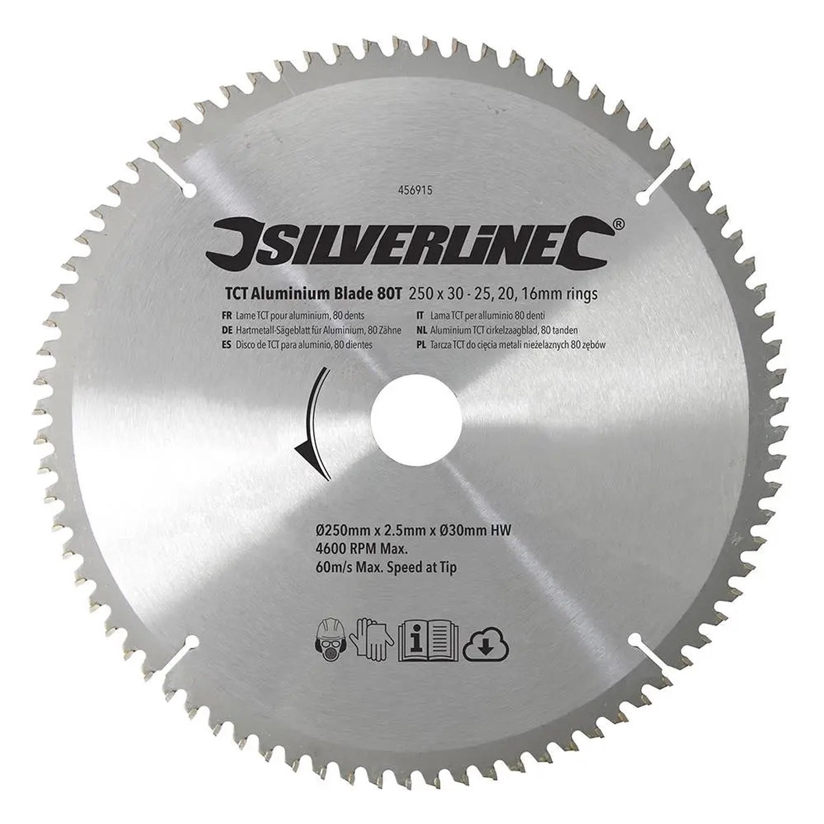 Silverline TCT Aluminium Circular Saw Blade 80T 250 x 30mm - 25 20 16mm Rings