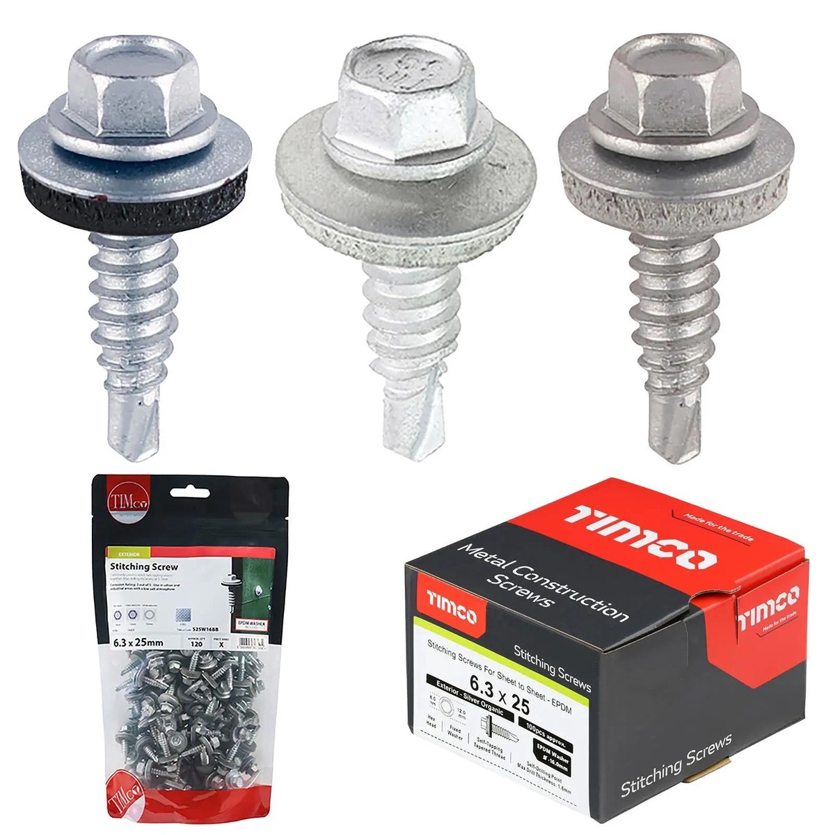 TIMCO Metal Stitching Screw for Sheet to Sheet 16mm EPDM Washer Bi-Metal Exterior Zinc - Choose Size