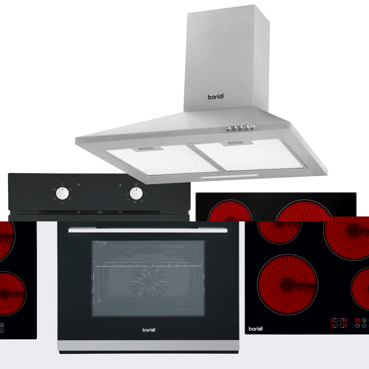 Baridi 4 Zone Ceramic Hob, 5 Function Fan-Assisted Oven & Chimney Style Cooker Hood