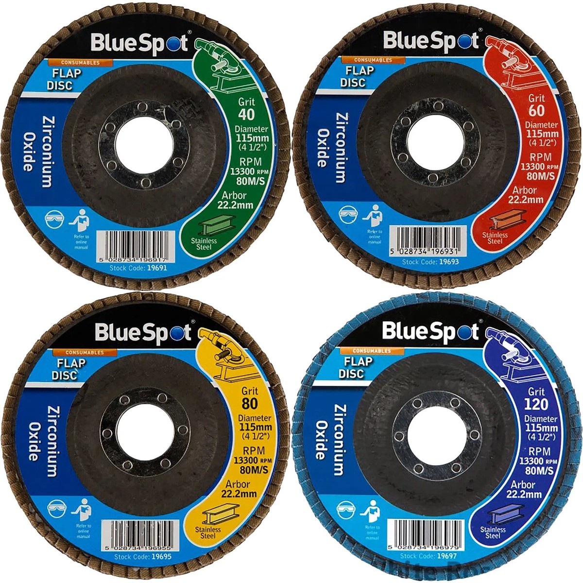 BlueSpot 115mm Zirconium Oxide Flap Sanding Discs 40-120 Grit