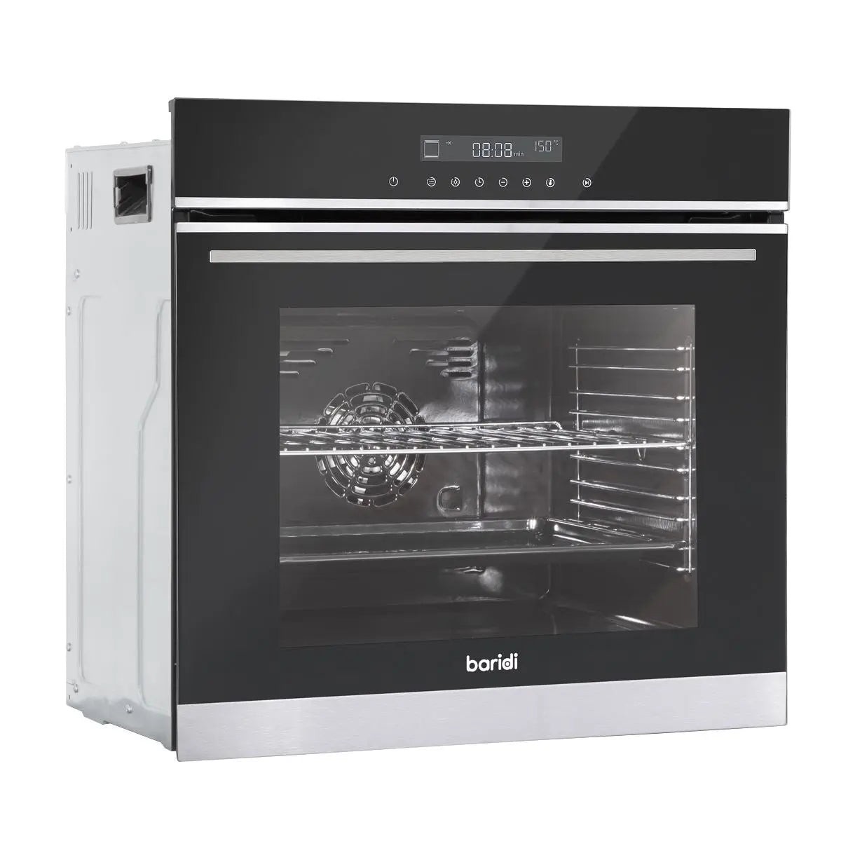 Baridi 60cm Built-In Fan Assisted, Single, Integrated 10 Function Electric Oven, Touchscreen Controls, 72L Capacity, Black/Stainless Steel