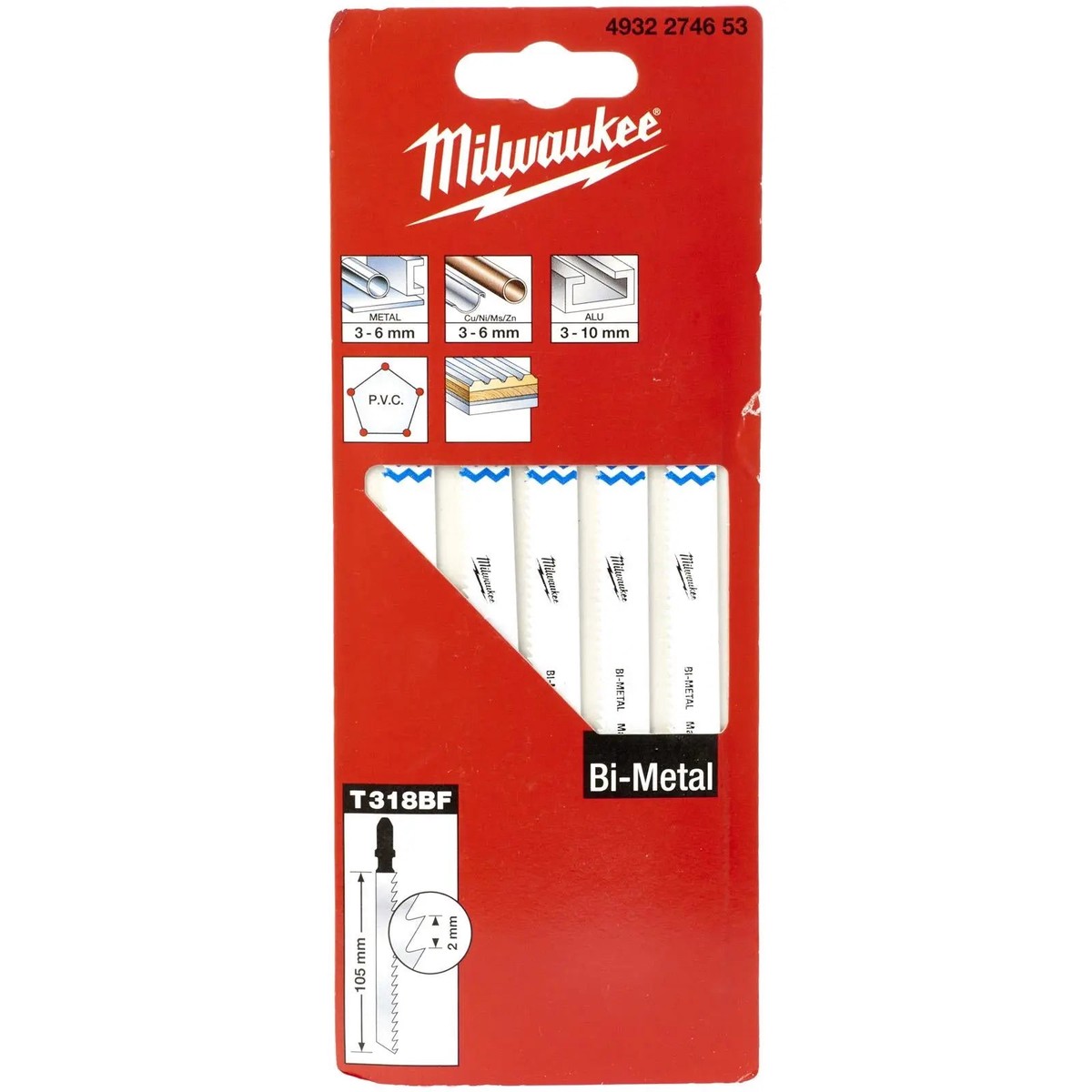 Milwaukee Jigsaw Blades Metal Universal Application Blade Bi-Metal 105mm x 2.0mm T318BF 5 Pieces