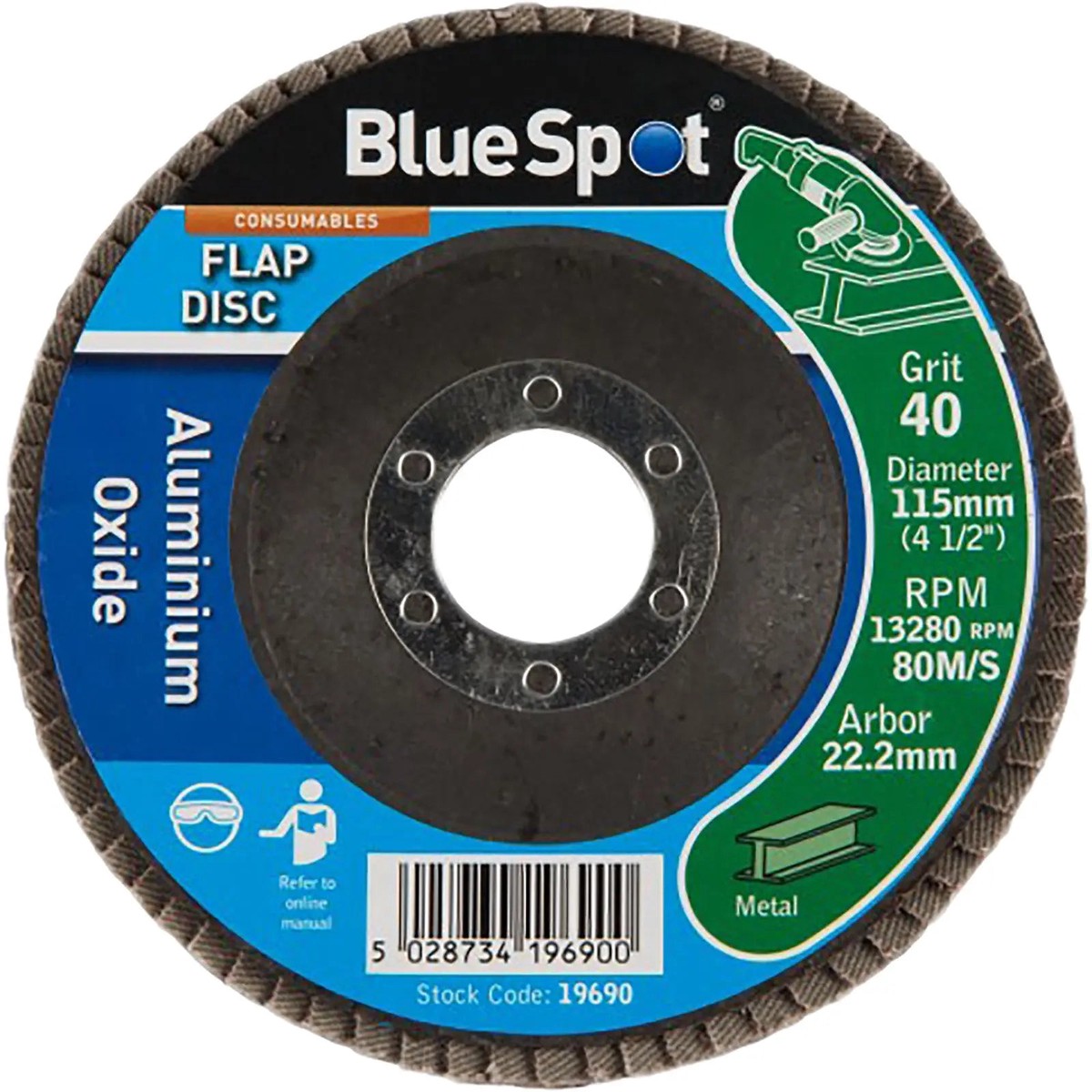 BlueSpot 115mm Aluminium Oxide Flap Sanding Discs 40-120 Grit