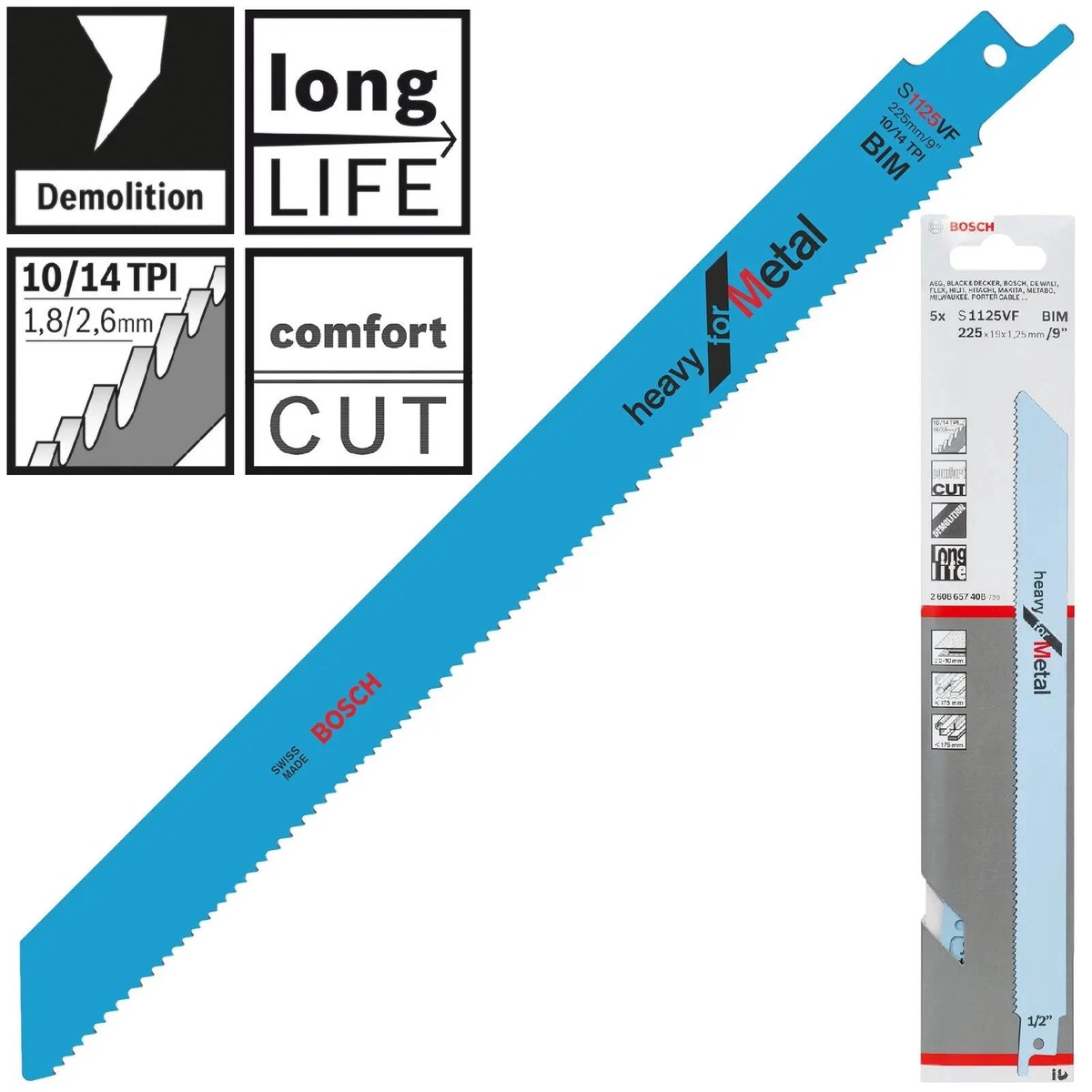 Bosch Reciprocating Saw Blades 225mm 9" 5 Pack S1125VF Bi-Metal Recipro Blade Heavy for Metal