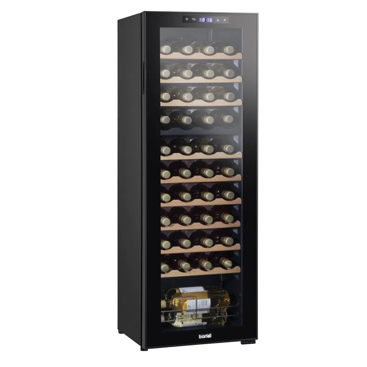 Baridi 44 Bottle Dual Zone Wine Cooler, Fridge with Digital Touchscreen Controls, Wooden Shelves & LED Light, Black