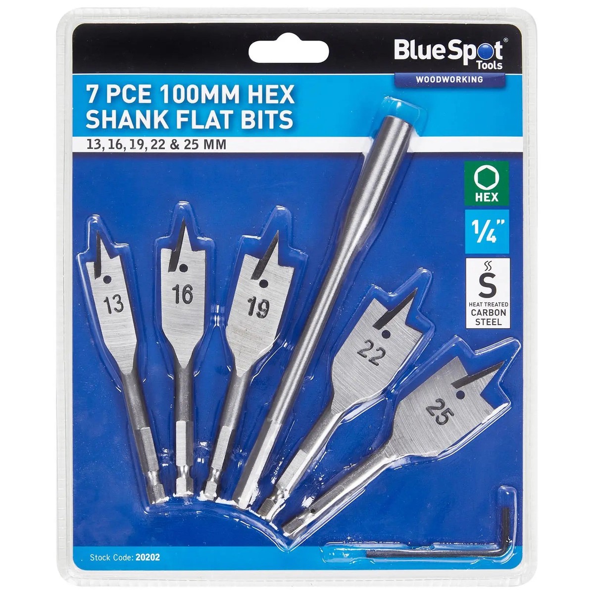 BlueSpot Stubby Flat Wood Drill Bit Set 7 Pieces 13-25mm Hex Shank 100mm Long