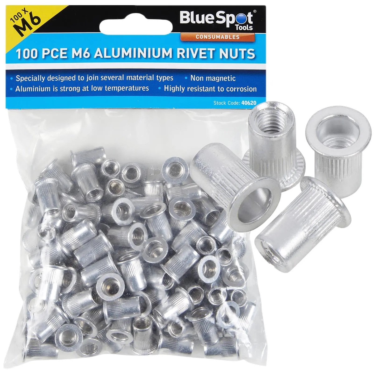 BlueSpot Aluminium Rivet Nuts M6 100 Piece Rivnuts