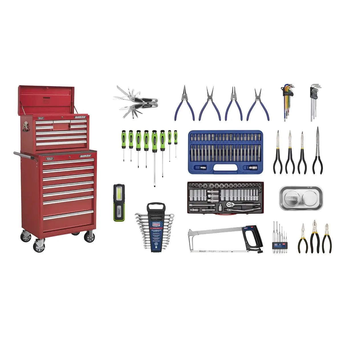 Sealey Superline Pro Topchest & Rollcab Combination 15 Drawer with Ball-Bearing Slides - Red & 148pc Tool Kit