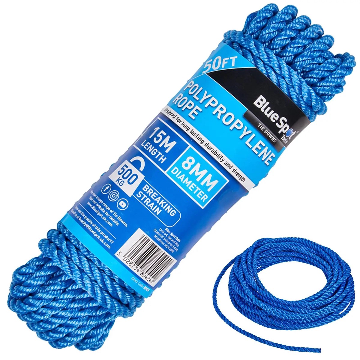 BlueSpot Polypropylene Rope Blue 15m x 8mm 50ft