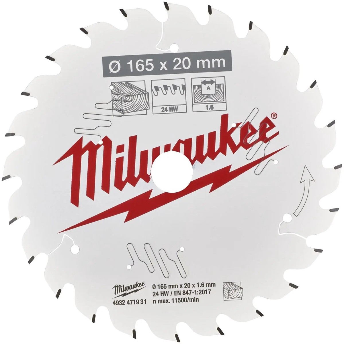 Milwaukee Circular Saw Blade for Wood Hand Held Circ Saws 165mm x 20mm 24T 1.6mm Kerf